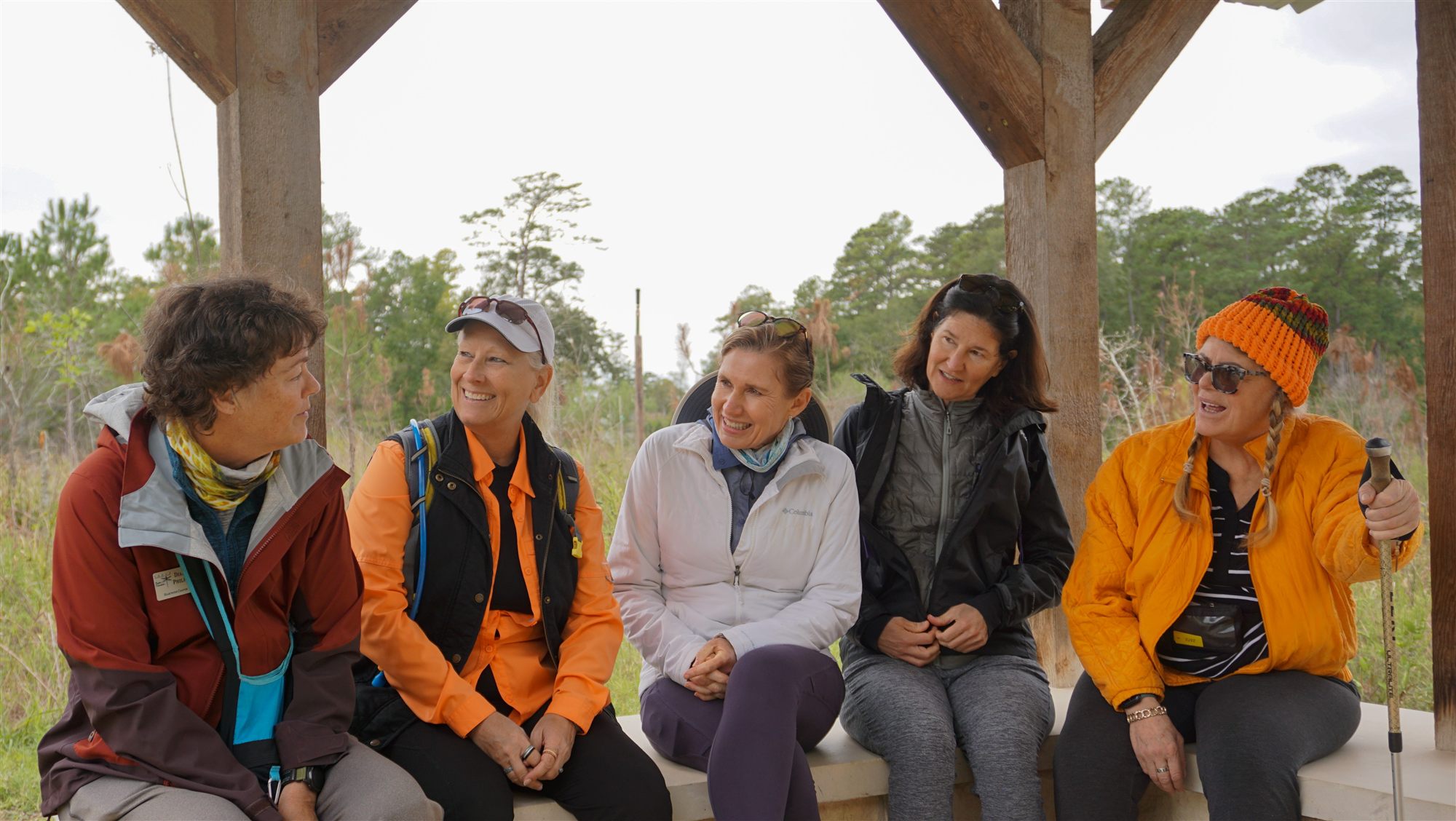 A volunteer group at a trail shelter