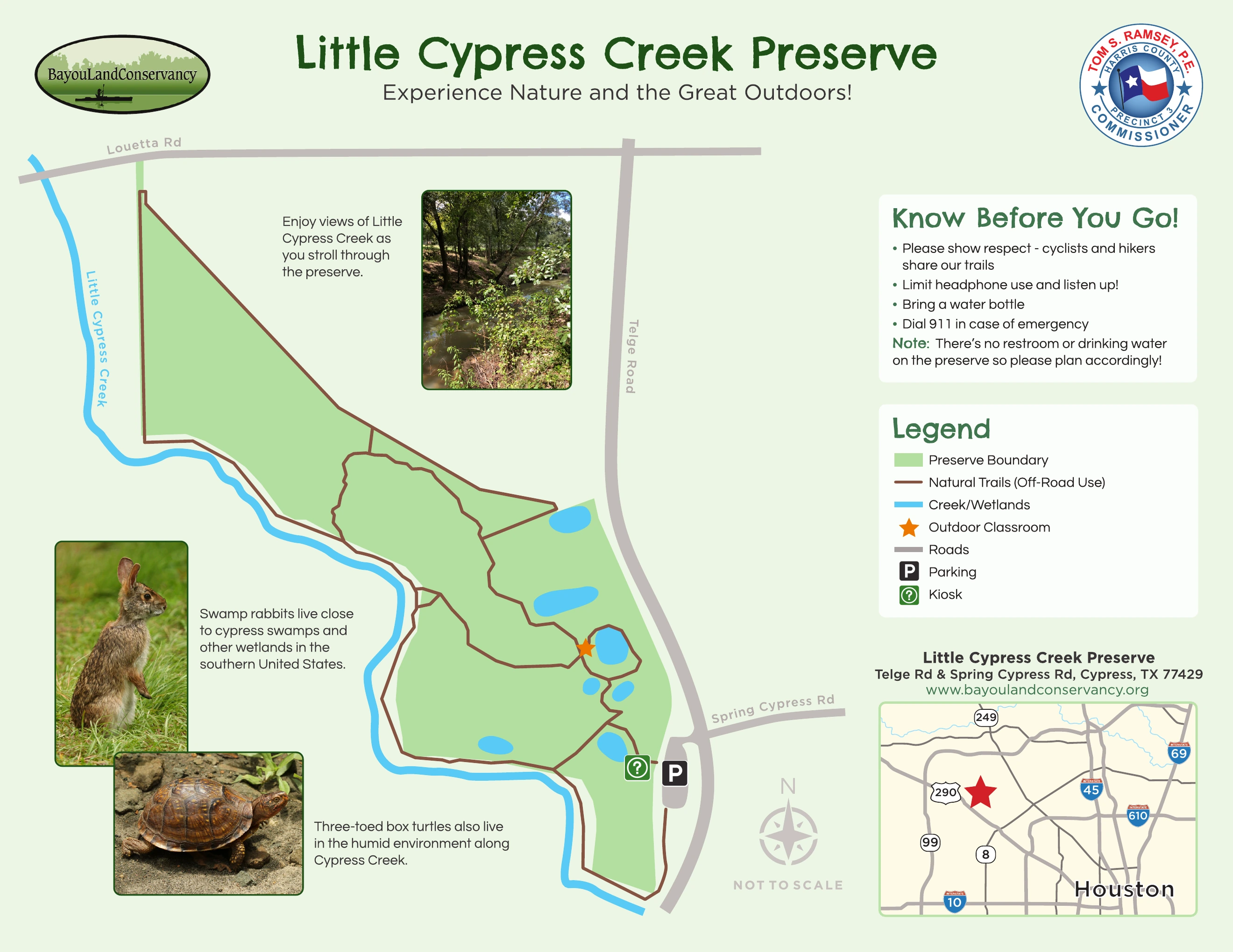 Illustrated Little Cypress Creek Preserve visitor map showing the preserve boundary, natural trails, Little Cypress Creek, wetlands, parking, kiosk, outdoor classroom, Telge Road, and Spring Cypress Road. The map states that it is not to scale.